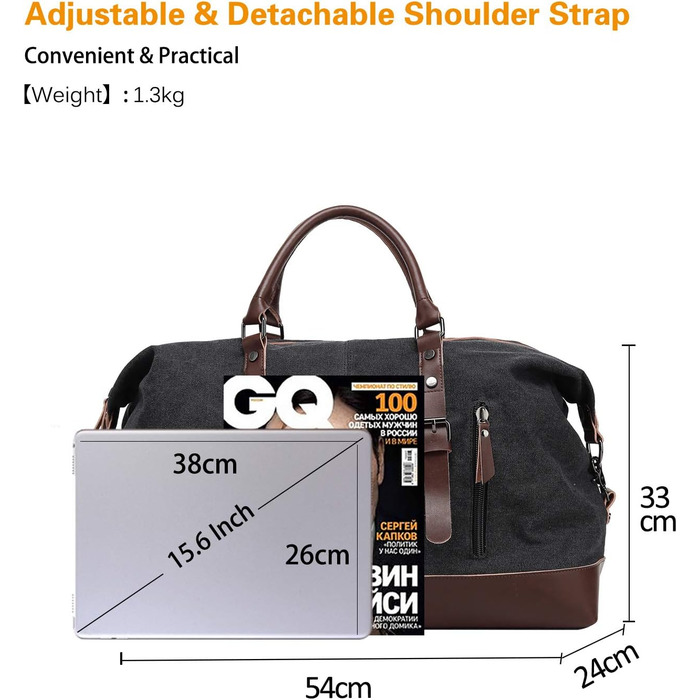 Спортивна сумка для подорожей FANDARE: універсальна дорожня сумка-вікенд з канвасу для жінок та чоловіків, сумка для залу, кемпінгу та пляжу (Чорна)