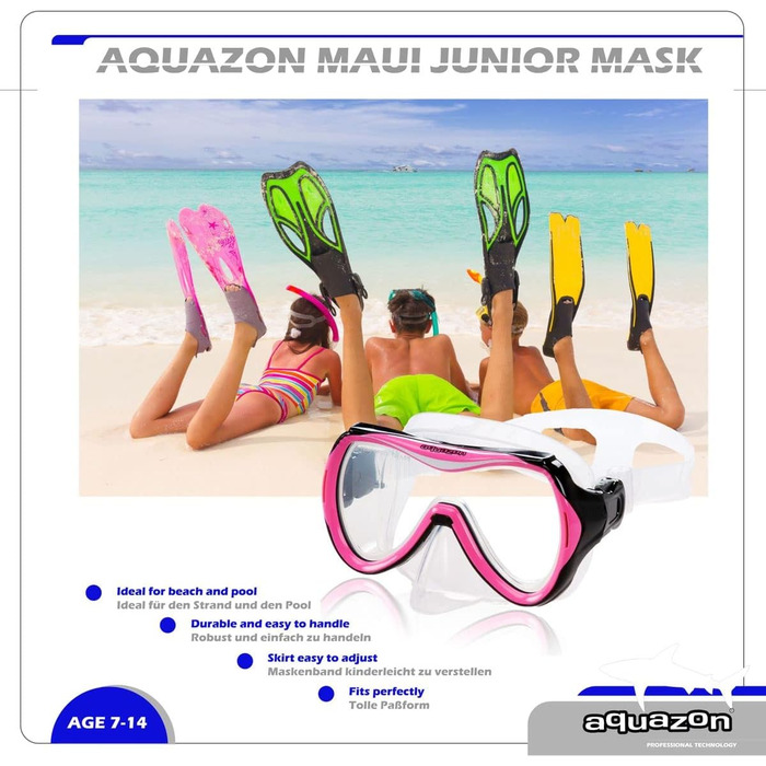 Дитяча маска для плавання AQUAZON Maui, загартоване скло, силіконова, 7-12 років, рожева