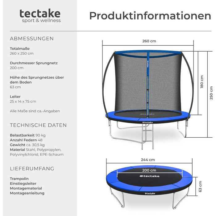 Трамплін Tectake® для саду, Ø 305 см, з захисним сіткою, блакитний – ідеальний для занять спортом та балансування