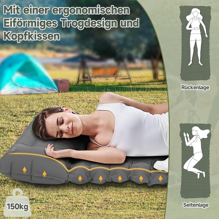 Килимок для кемпінгу HAUSPROFI Isomatte: ультралегкий надувний матрац з насосом та подушкою, для туризму, пляжу, відпочинку на природі (сірий)