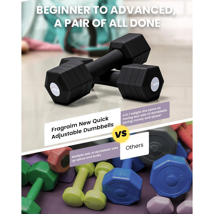 Набір гантелей Fragraim регульовані, 4.54 кг, 4-в-1, з м'якими ручками TPU, для дому, чорний