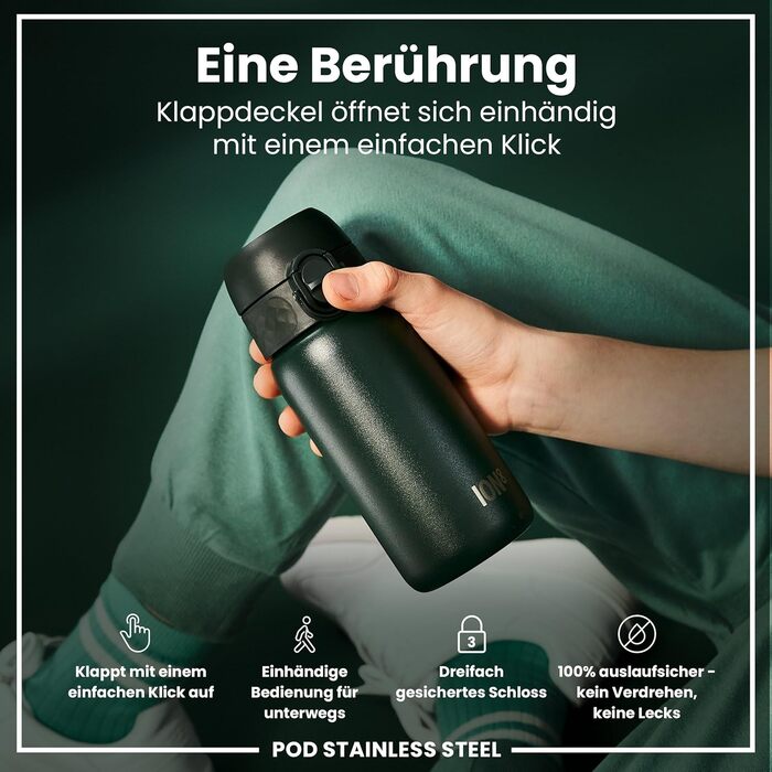 Дитяча пляшка для пиття Ion8 Evo, нержавіюча сталь, 400 мл, без ізоляції, не протікає, відкривається однією рукою, безпечне закриття, можна мити в посудомийній машині, з клапаном, з ручкою, легка у догляді, темно-зелена