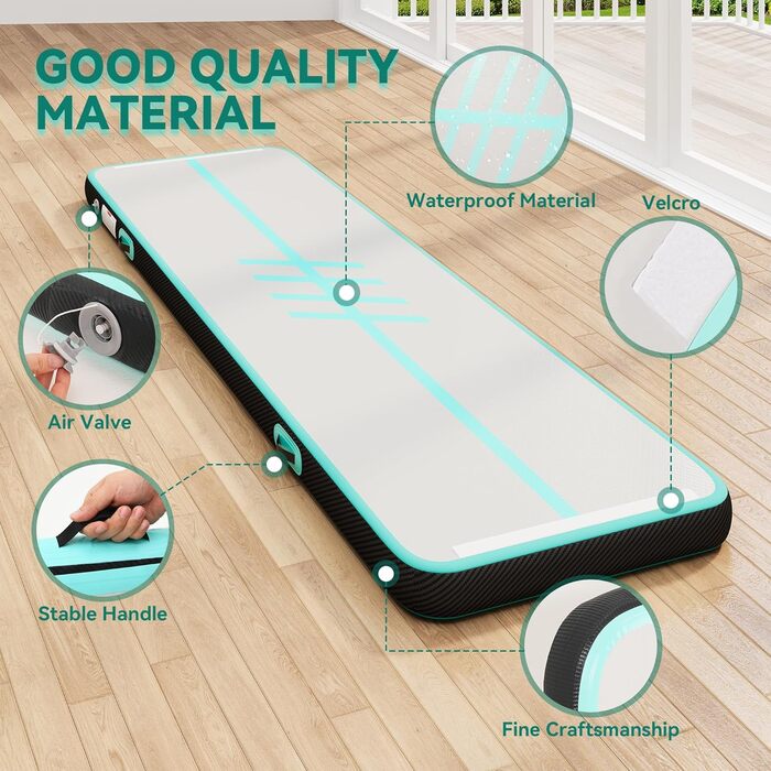 DWVO Килимок для гімнастики та акробатики Air Matte Track, 3/4M, 10см, з повітряним насосом, для тренувань, йоги, фітнесу, акробатики, гімнастики, на відкритому повітрі, зелений