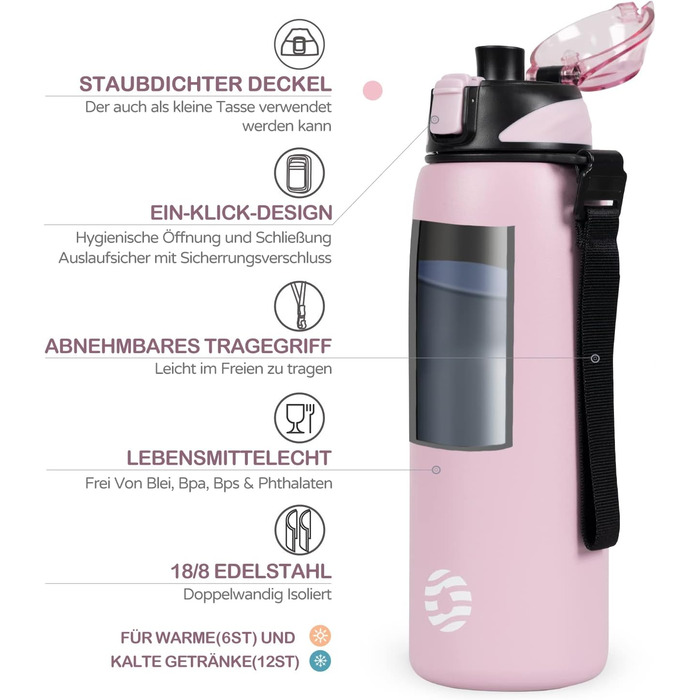 Дитяча термос-бутилка FJbottle 800 мл, нержавіюча сталь, рожевий, BPA-Free, герметична, для води та газованих напоїв, для школи, спорту, фітнесу, велосипеда