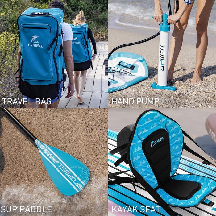 Надувний SUP-борд UPWELL Premium Stand Up Paddling Board з комплектом: сидіння, кріплення для камери, весло, 204 кг, для 2 осіб, 350x84x15 см