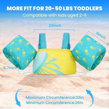 Надувні рукавики для плавання Gogokids для дітей 2-6 років (33-66lbs/15-30kg), безпечні рукавики для плавання з застібкою та рукавами (Жовті медузи)