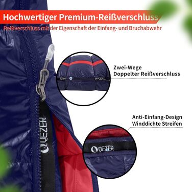 Спальний мішок пуховий, зимовий, преміум-якість 600FP+, 12°C -24°C, для кемпінгу, трекінгу та активного відпочинку, 3-4 сезони, темно-синій/червоний