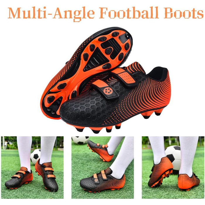 Дитячі футбольні бутси для хлопчиків та дівчаток, футбольні черевики з шипами для твердого поля, дитячі спортивні взуття для тренувань та занять на відкритому повітрі, дихаючі, антиковзкі, унісекс, розмір 28-37, 36 EU, чорний, оранжевий