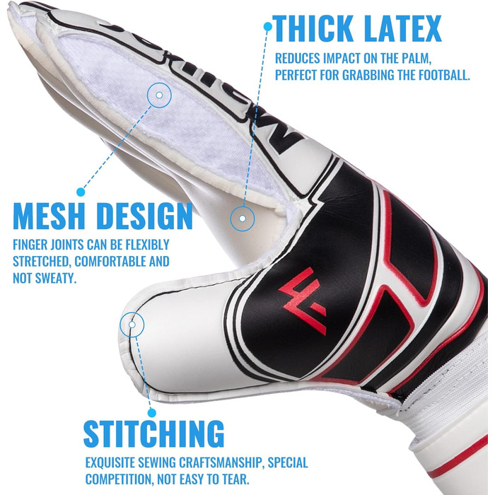 Футбольні воротарські рукавички Malker з захистом пальців, для дорослих, молоді та дітей, з міцним зчепленням, протиковзкі, чорно-білі, розмір 6