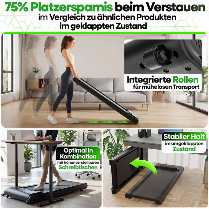 Бігова доріжка Walking Pad Tretmann з нахилом, складана – тиха, до 150 кг, з додатком, EMS-фільтром, для дому, чорна