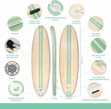Надувний SUP-борд HUIIKE Stand Up Paddle Board з аксесуарами: весло, фіни, насос. Стабільний та міцний, 305 × 84 × 15 см, до 130 кг (Paulownia Mint - Full Pack)