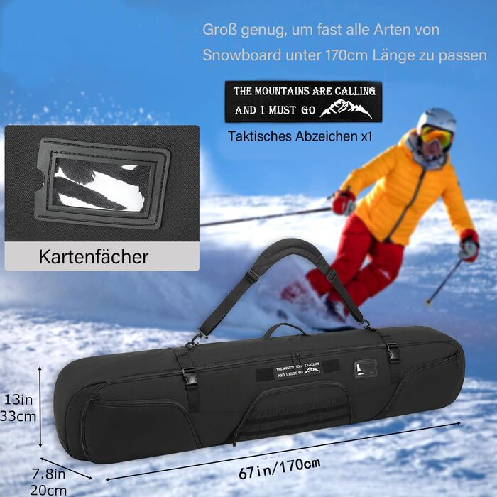 Чохол для сноуборду BlesMaller: міцний, тактичний, для сноуборду, лиж, черевиків та спорядження (170 см)