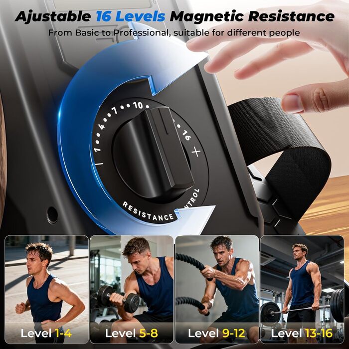 Гребний тренажер ONETWOFIT складаний для дому Pro, 16 рівнів навантаження, кросстренажер до 160 кг, сумісний з додатком, чорний