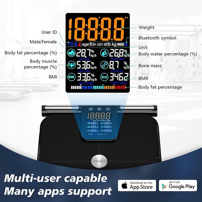 Вага для вимірювання жиру в тілі з датчиками, аналізатор складу тіла з великою ручкою-дисплеєм, вага з 8 високоточними сенсорами та APP, персональна вага з аналізом жиру для 32 показників (Чорний)