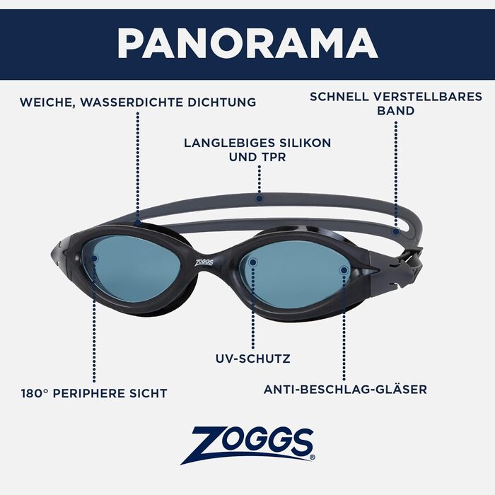 Окуляри для плавання Zoggs Panorama: UV-захист, антифог, комфорт, герметичність, регульоване кріплення, панорамний огляд (Чорний/Чорний/Димчастий)