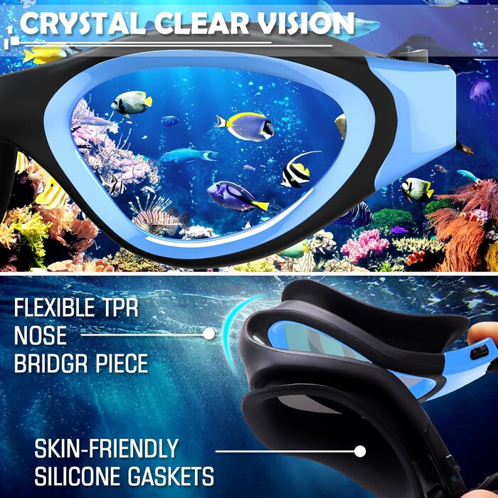 Окуляри для плавання Winline Polarized/Non-Polarized для дорослих та підлітків, антизапітніння, захист від УФ, водонепроникні, чіткий огляд, легке регулювання, м'які носові упори, для чоловіків та жінок, Blue&Black/Blue Polarized Mirrored Lens