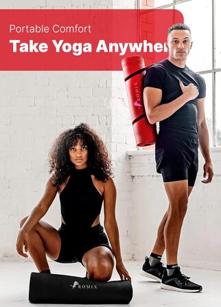 ROMIX Килимок для йоги, 15 мм, з антиковзаючою поверхнею, з сумкою та ременем, для фітнесу, пілатесу, медитації, червоний