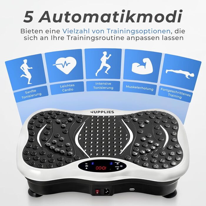 Вібраційна платформа JUPPLIES з 5 режимами тренувань та 5 еластичними стрічками - тренажер для дому, для нарощування м'язів та спалювання жиру, тиха та неслизька з Bluetooth та пультом дистанційного керування