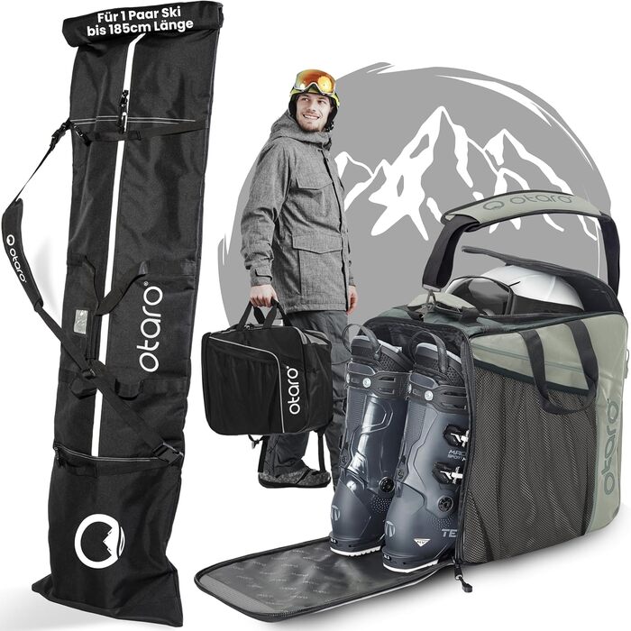 Набір мішок для лиж та лижних черевиків Otaro | Мішок для лиж на 1 або 2 пари | Регульована довжина, водовідштовхувальний, міцні блискавки, м'який плечовий ремінь, зелений (світло-сірий)