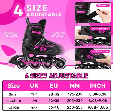 Роликові ковзани Inliner дитячі регульовані для дівчаток, хлопчиків, унісекс, з підсвічуванням, розмір EU 36-40