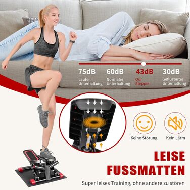Міні степер LEADZM з безшумним покриттям для дому, 2 в 1 з гумкою, LCD дисплеєм, таймером, підрахунком калорій, для тренування ніг/рук, чорно-червоний