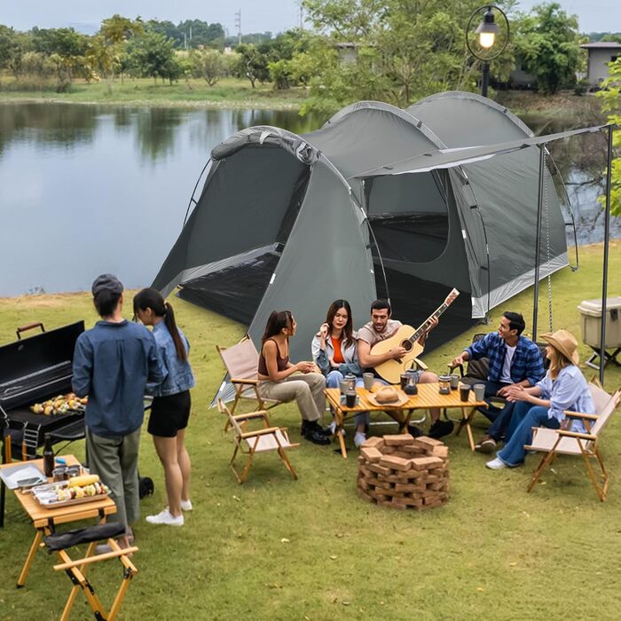Намет для кемпінгу на 4 особи: водонепроникний тунельний намет для сім'ї та групи, з шатром для сну, сірий