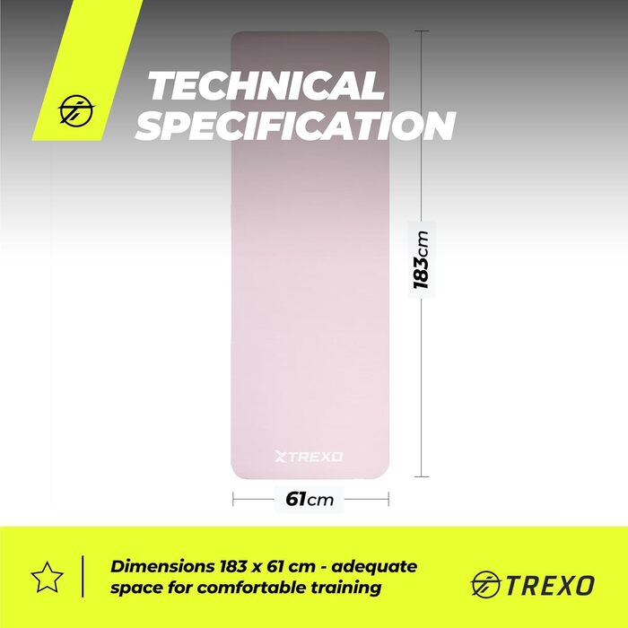 TREXO килимок для фітнесу NBR, рожевий, 183x61 см, 15 мм, з ручками