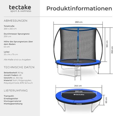 Трамплін Tectake® для саду, Ø 305 см, з захисним сіткою, блакитний – ідеальний для занять спортом та балансування