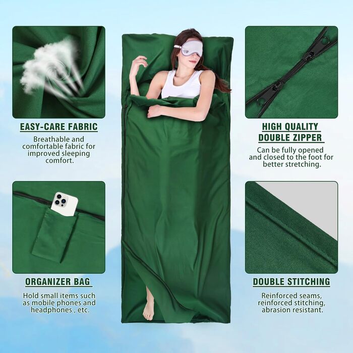 Спальний мішок бавовна, ультралегкий туристичний спальник з двосторонньою блискавкою, спальник для кемпінгу та піших прогулянок (зелений)