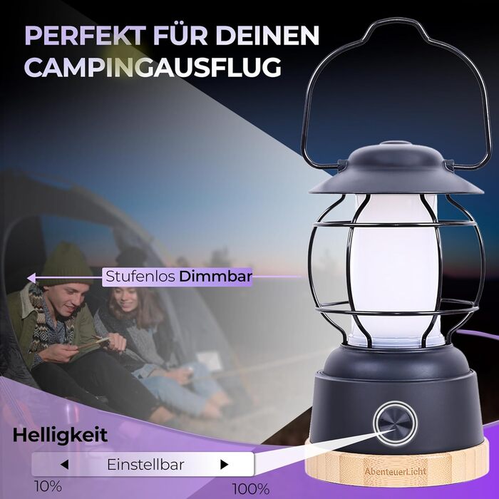 LED кемпінговий ліхтар Abenteuerlicht - вологостійка акумуляторна лампа для кемпінгу з тривалим часом роботи (200 годин), регульована яскравість, 2 колірні температури, 390 люмен, USB-зарядка