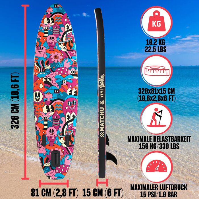 Надувний SUP-борд MATCHU Limited Edition з сертифікатом та комплектом. Розмір 320x81x15 см, вантажопідйомність 150 кг. Art Collection (YeYe Weller Collection)