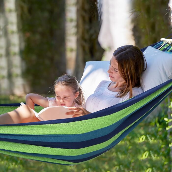 Гніозда-гамак з бавовни Chihee: великий, м'який, дихаючий, для кемпінгу. Максимальне навантаження 300 кг. Знімний підголівник, 2 міцні ремені, карабіни. Розмір 270x150 см. Кольори: блакитний/зелений в смужку