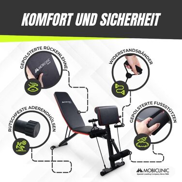 Mobiclinic Складана універсальна лавка для жиму зі штангою, з регульованим нахилом, опором-стрічками, колесами, до 120 кг, для домашнього фітнесу