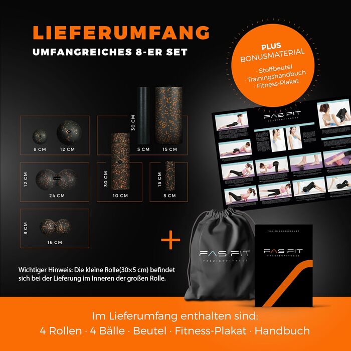 Ролер для фасції Fas Fit - масажний ролер та м'ячі для фасцій - ролер для ефективних фасційні тренування, включаючи постер, посібник вправ, електронна книга та мішок (8 шт., чорний/оранжевий)