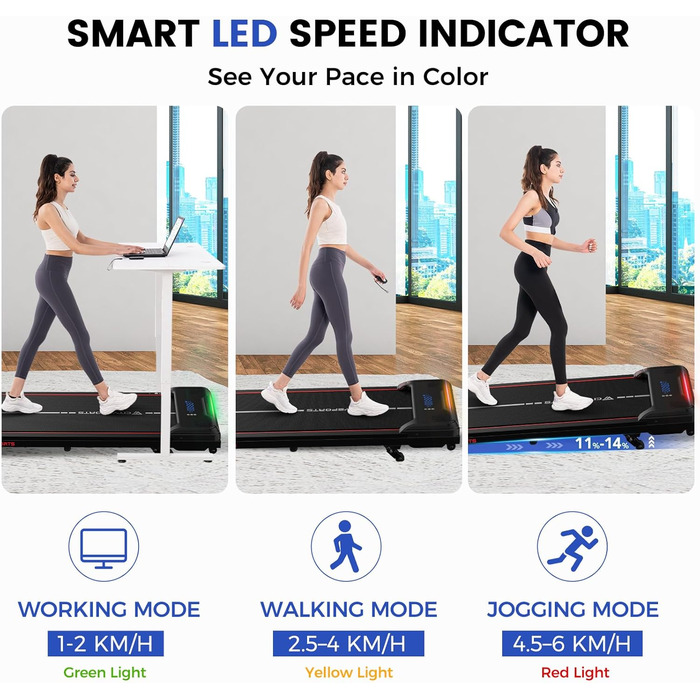 CITYSPORTS Біговий тренажер з регулюванням нахилу, WalkingPad з LED-дисплеєм та світловим ефектом, швидкість 1-6 км/год, для дому та офісу, з пультом керування (Червоний)