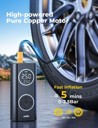 Електричний повітряний компресор Oasser 12В 150PSI, акумулятор 6000 мА·год, USB Type-C, LCD-дисплей, для авто, мотоциклів, велосипедів, м'ячів