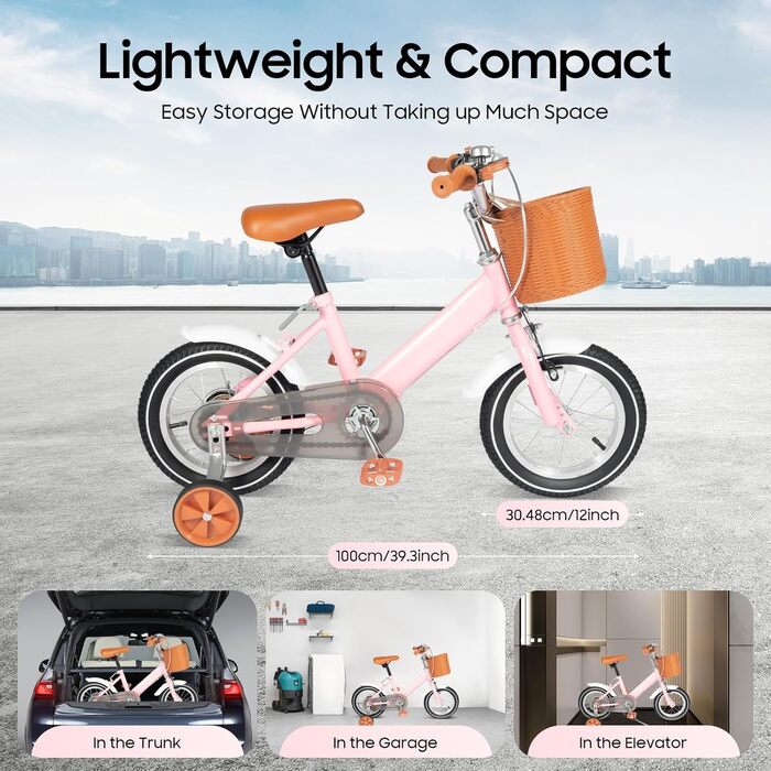Дитяче велосипед 12 дюймів, регульований по висоті, з додатковими колесами та кошиком. Підходить для дітей 2-4 років, рожевий.