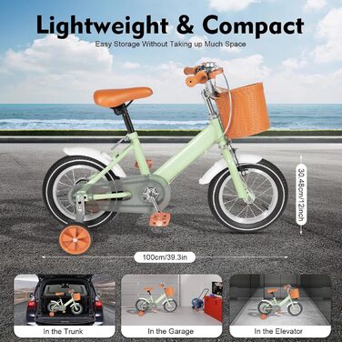 Дитячий велосипед 12 дюймів, для дітей 2-4 років, з кошиком та додатковими колесами, регульоване сидіння та кермо, подвійне гальмо, зелений