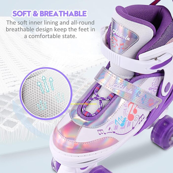 Дитячі ролики Hikole, регульовані, 4 колеса, світлові ефекти, для початківців, фіолетові
