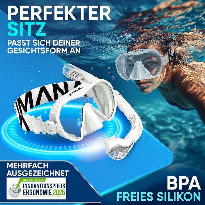 Набір для снорклінгу KAIMANA® AquaVision Elite для дорослих з сумкою, зручна маска для снорклінгу, альтернатива масці для снорклінгу, маска з текстильним/силіконовим ремінцем (AVL Білий, Comfort - Strap)