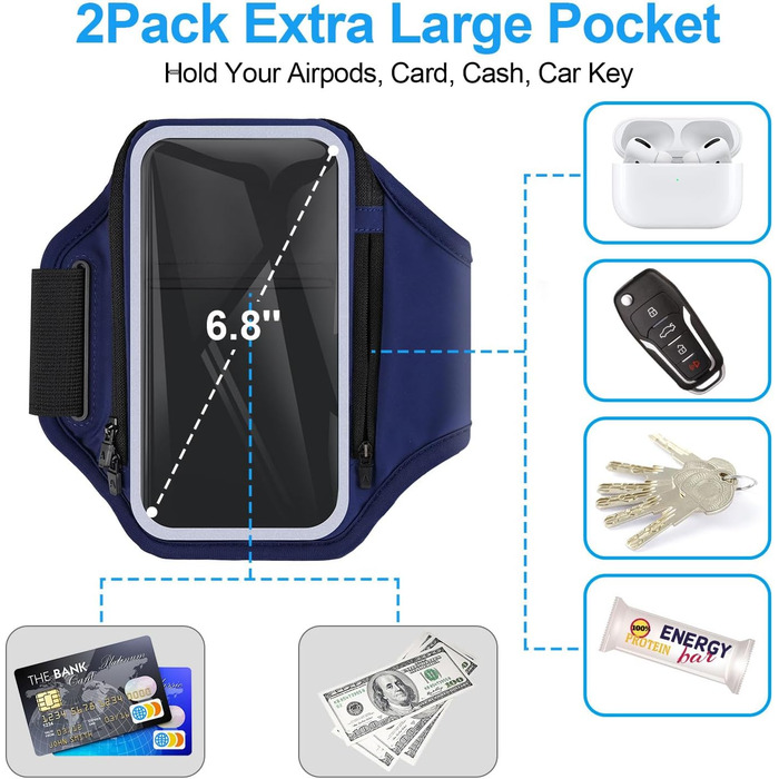 Спортивний браслет для телефону з кишенею для навушників, чохол для телефону для бігу 6.9 дюймів, тримач для iPhone 17 16 15, спортивний браслет, знімний тримач для телефону, для бігу (блакитний)