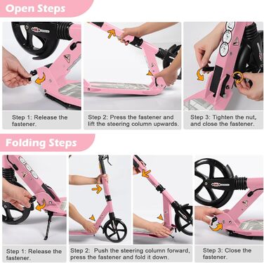 Дитячий складаний самокат з великими колесами 200 мм, гальма дискові, регульована висота, для дітей 8-15 років (Рожевий)