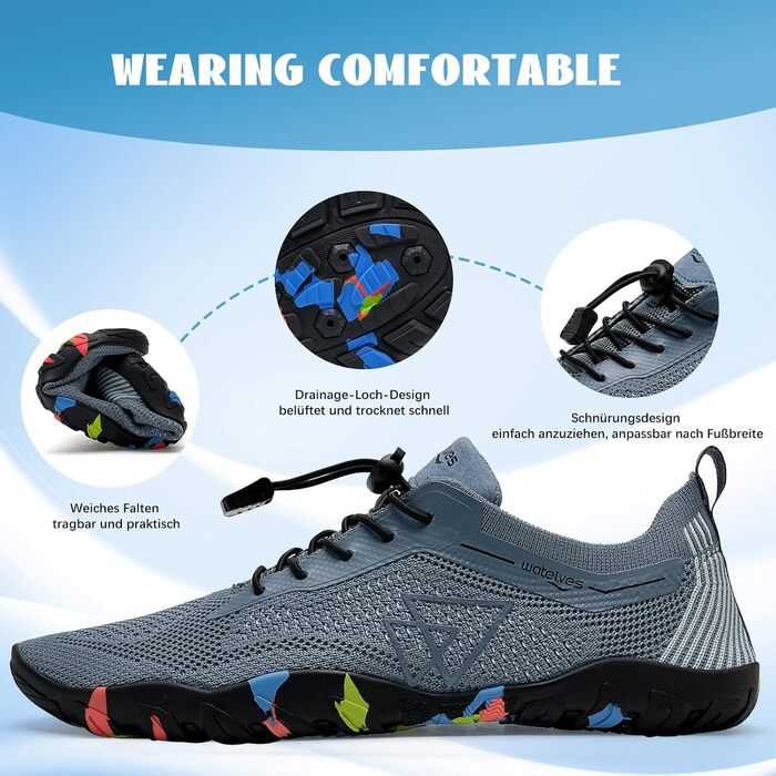 Водні шкарпетки WateLves для плавання, серфінгу та водних видів спорту. Швидка сушка, дихаючі, для жінок та чоловіків, розмір 36-48 EU, сірі та сині кольори.