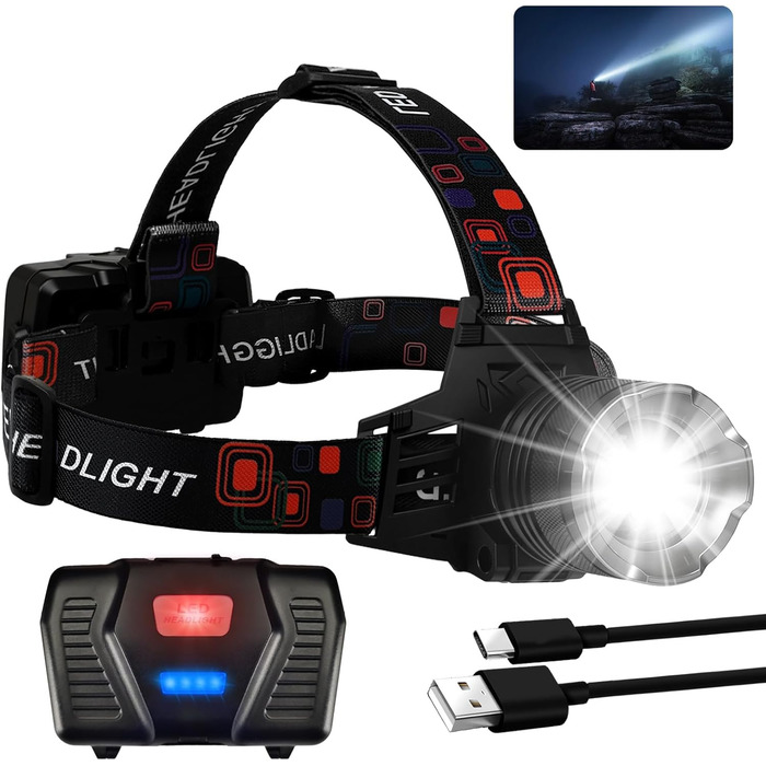 Ліхтар на лоб LED акумуляторний, 100000 люмен, 9000mAh, 5 режимів, IPX7, Zoom, для кемпінгу, риболовлі, надзвичайних ситуацій