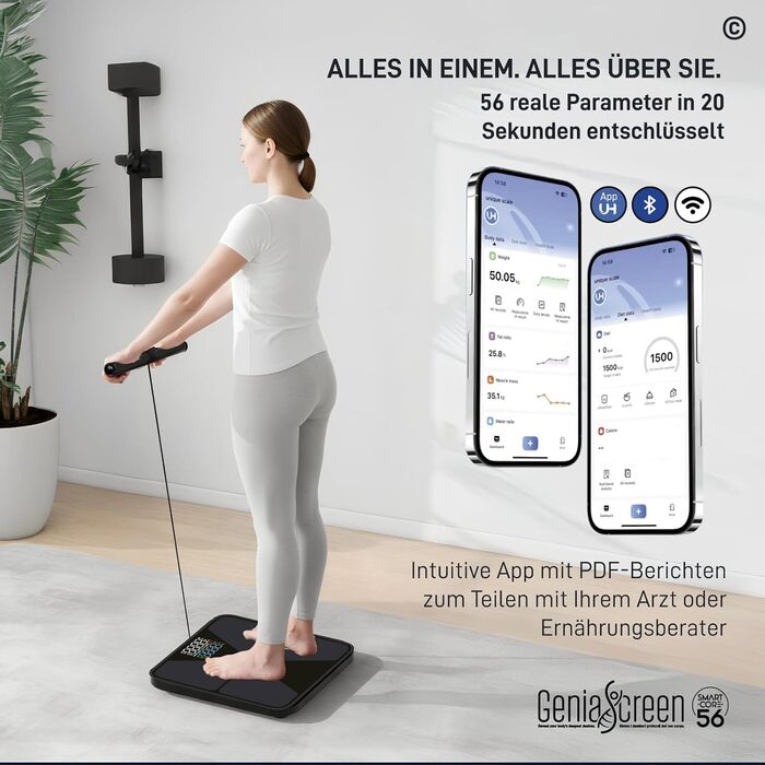 Вага для вимірювання жиру в тілі GeniaScreen SmartCore з Bluetooth: аналіз складу тіла, 56 показників, LED-дисплей, 180 кг