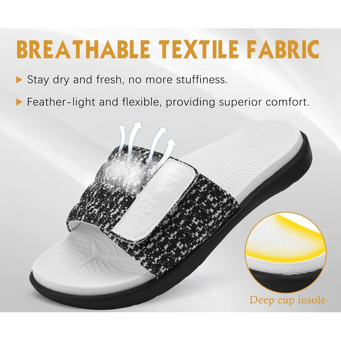 Чоловічі шльопанці ONCAI для душу та басейну з липучкою, відкриті пальці, спортивні, літні, для дому, м'яка гумова підошва, розмір 40-49 (46 EU, чорний/білий)