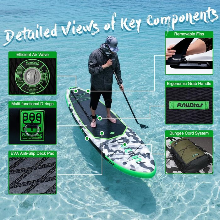 Надувний SUP Борд FunWater 10' Tarnserie: Комплект для веслування, з насосом, веслом та аксесуарами. Підходить для початківців та сімей