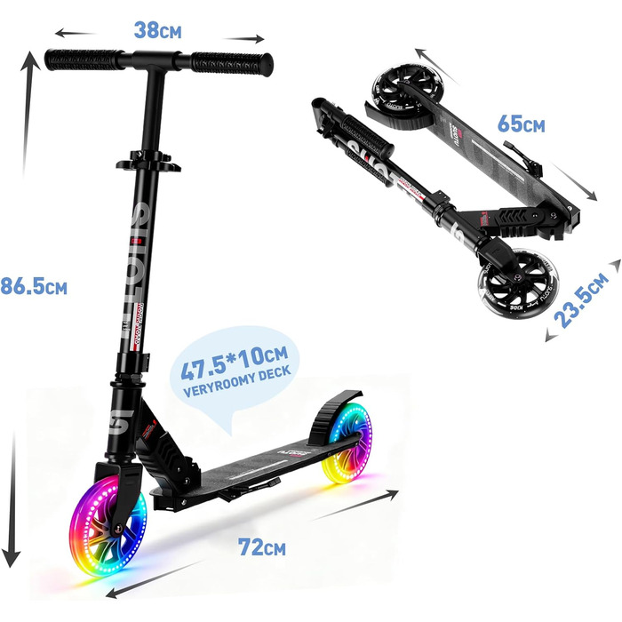 Самокат дитячий SUOTU з колесами 145 мм, до 100 кг, світлодіодами, складаний, регульована висота, для хлопчиків та дівчаток, алюмінієвий, чорний