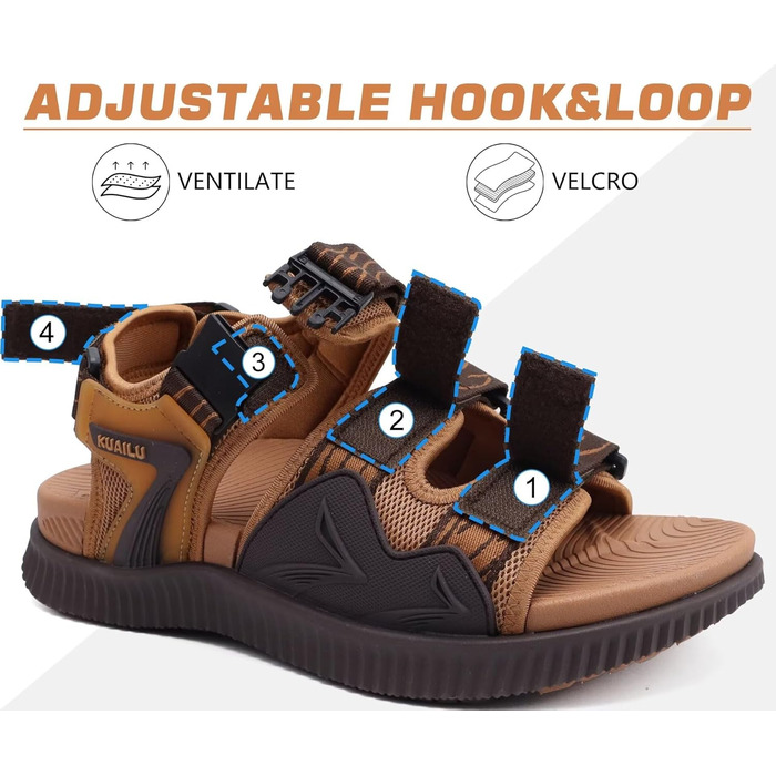 Чоловічі трекінгові сандалії KuaiLu: зручні, ортопедичні, для підтримки стопи при фасціїтусі, для активного відпочинку, літні, легкі, з відкритими пальцями, з регульованою застібкою-липучкою, розмір 48 EU, хакі-коричневі