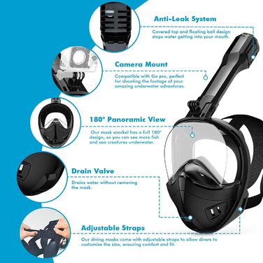 Маска для снорклінгу повного обличчя з системою сухого дихання та тримачем для камери, 180° огляд (Чорний, Зелений/Чорний, S/M)